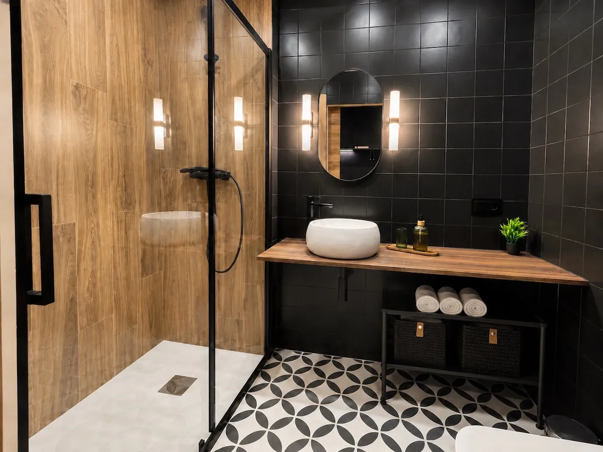 Bagno con doccia e pavimento in cementine bianche e nere
