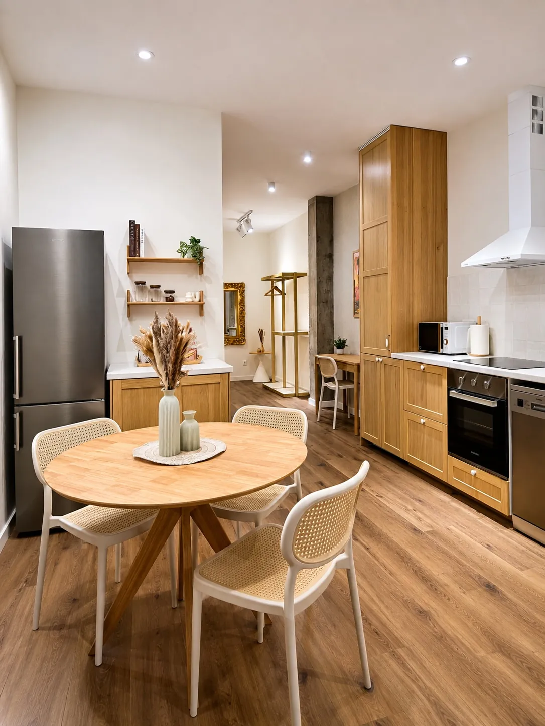 Vista d'insieme del monolocale con cucina e zona pranzo